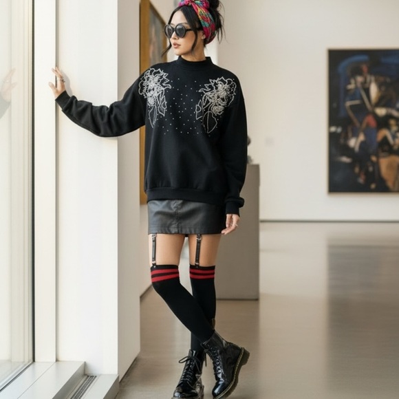 American Vintage Tops - Vintage Black Rhinestone Floral Mock Neck Sweatshirt 80s 90s Coquette L